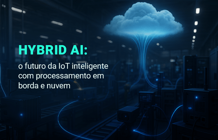 Galpão industrial azul-escuro com nuvem luminosa e linhas de dados conectando máquinas; título 'Hybrid AI' sobreposto