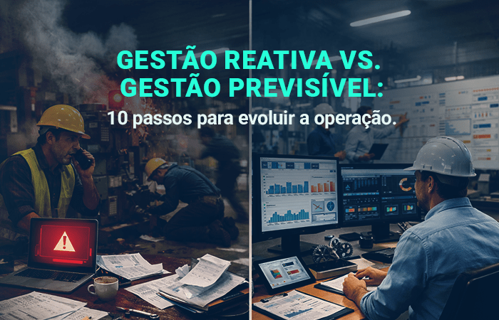Cena dividida: à esquerda, fábrica em crise com operador ao telefone e alerta; à direita, sala de controle com painéis.