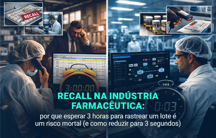 Operador de touca ao telefone, planilha e relógio em 3:00:00, cartela RECALL; ao lado, painel de rastreio em 0:03.