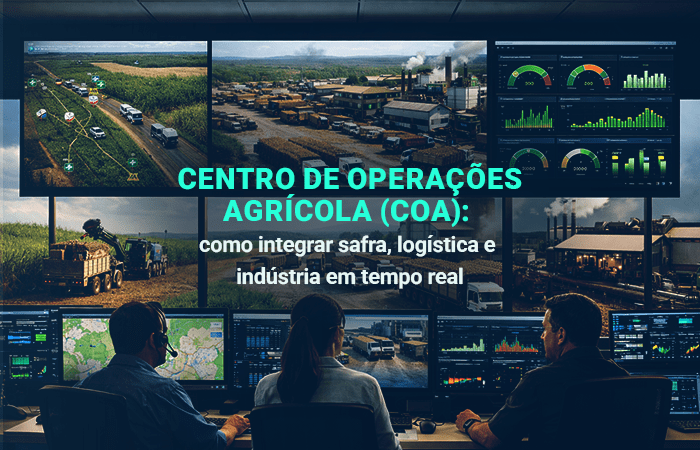 Sala de controle do COA: operadores diante de telas com lavoura de cana, usina e painéis de indicadores em tempo real.
