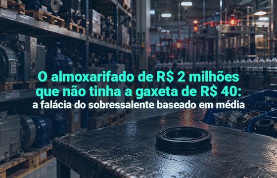 Imagem mostra um cenário de um almoxarifado de uma fábrica com a seguinte legenda: O almoxarifado de R$ 2 milhões que não tinha a gaxeta de R$ 40: a falácia do sobressalente baseado em média
